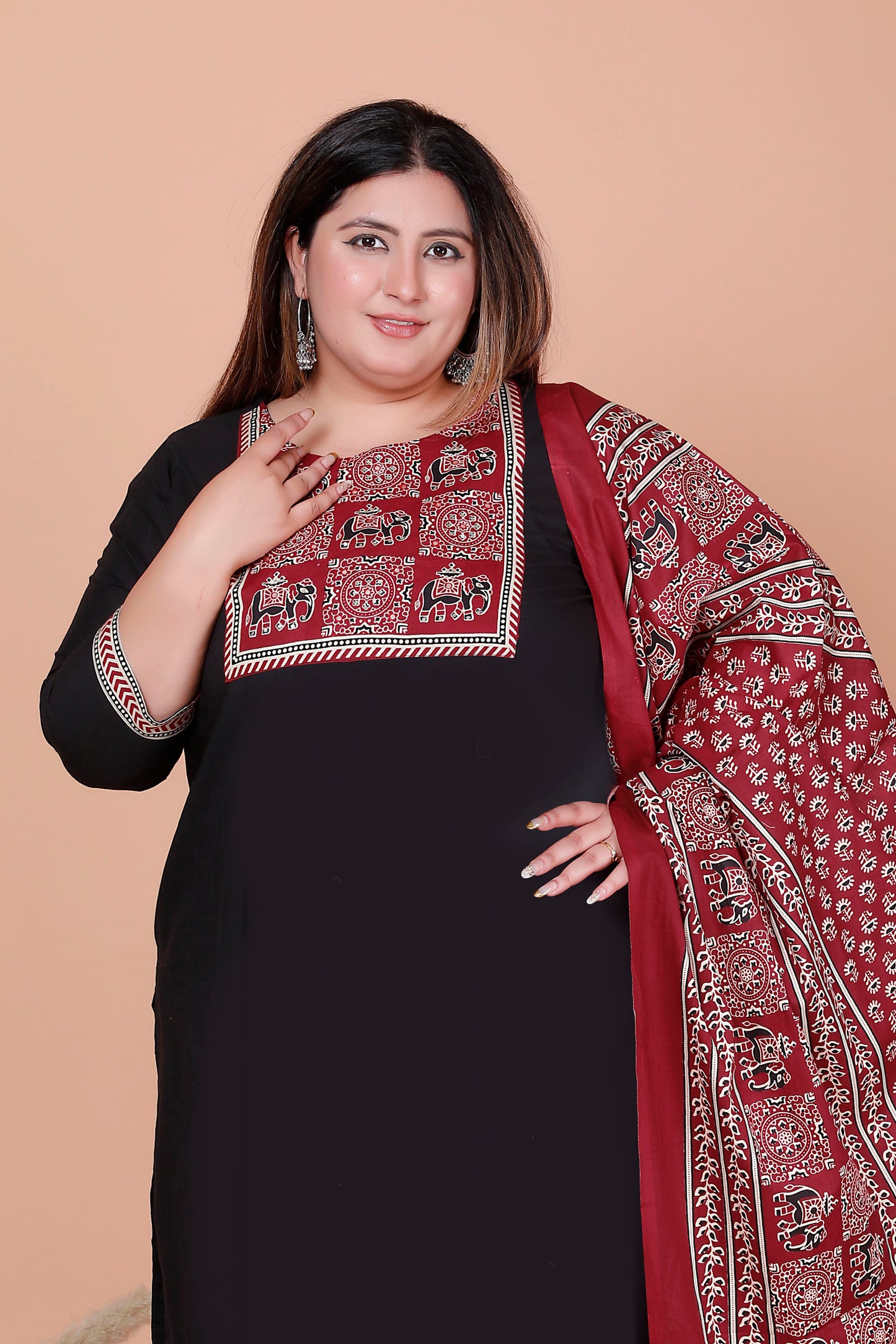 ELEPHANT MOTIF PRINT COTTON 3 PEICE KURTA PANT IN BLACK BY PLUSSIZEKURTI