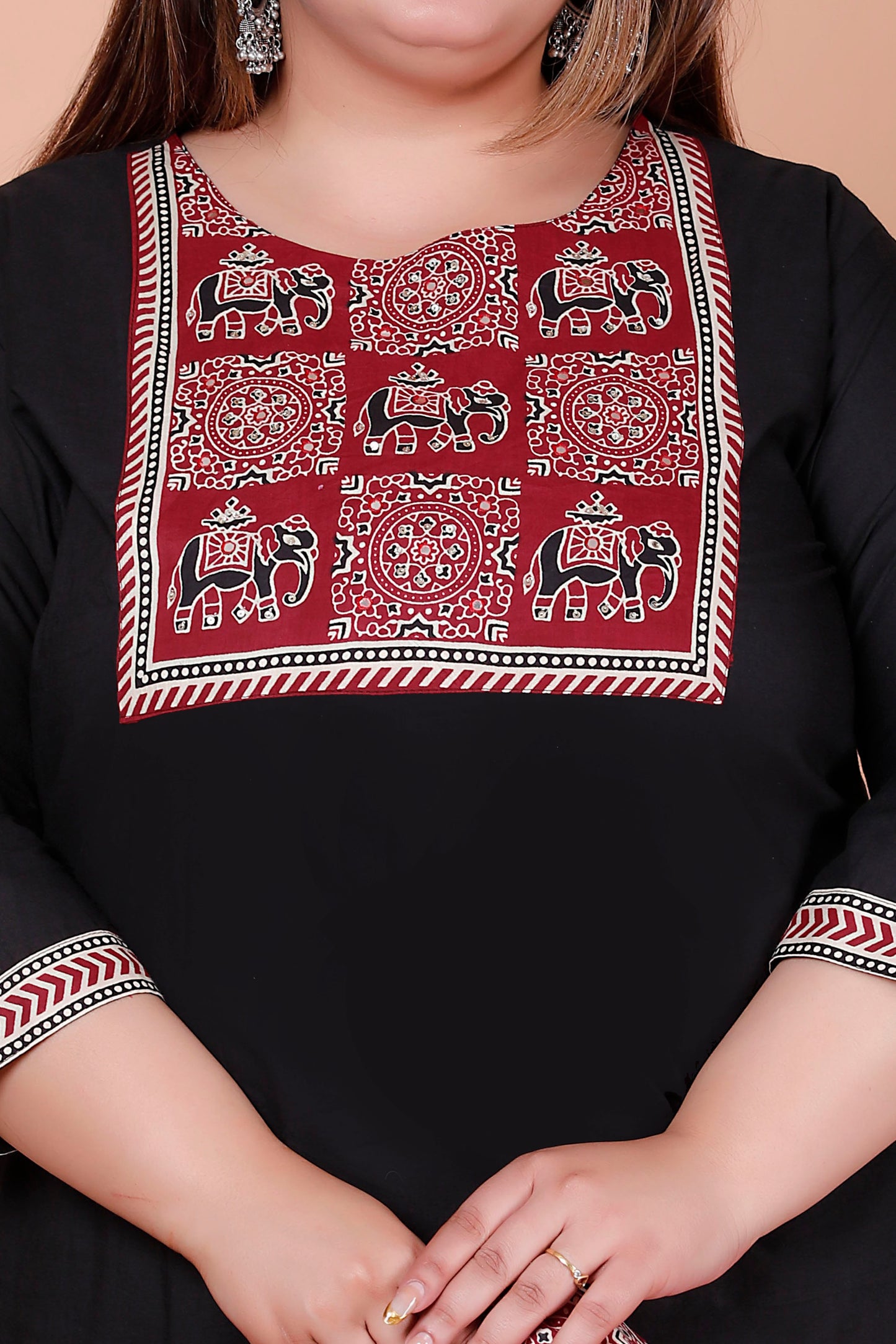 ELEPHANT MOTIF PRINT COTTON 3 PEICE KURTA PANT IN BLACK BY PLUSSIZEKURTI