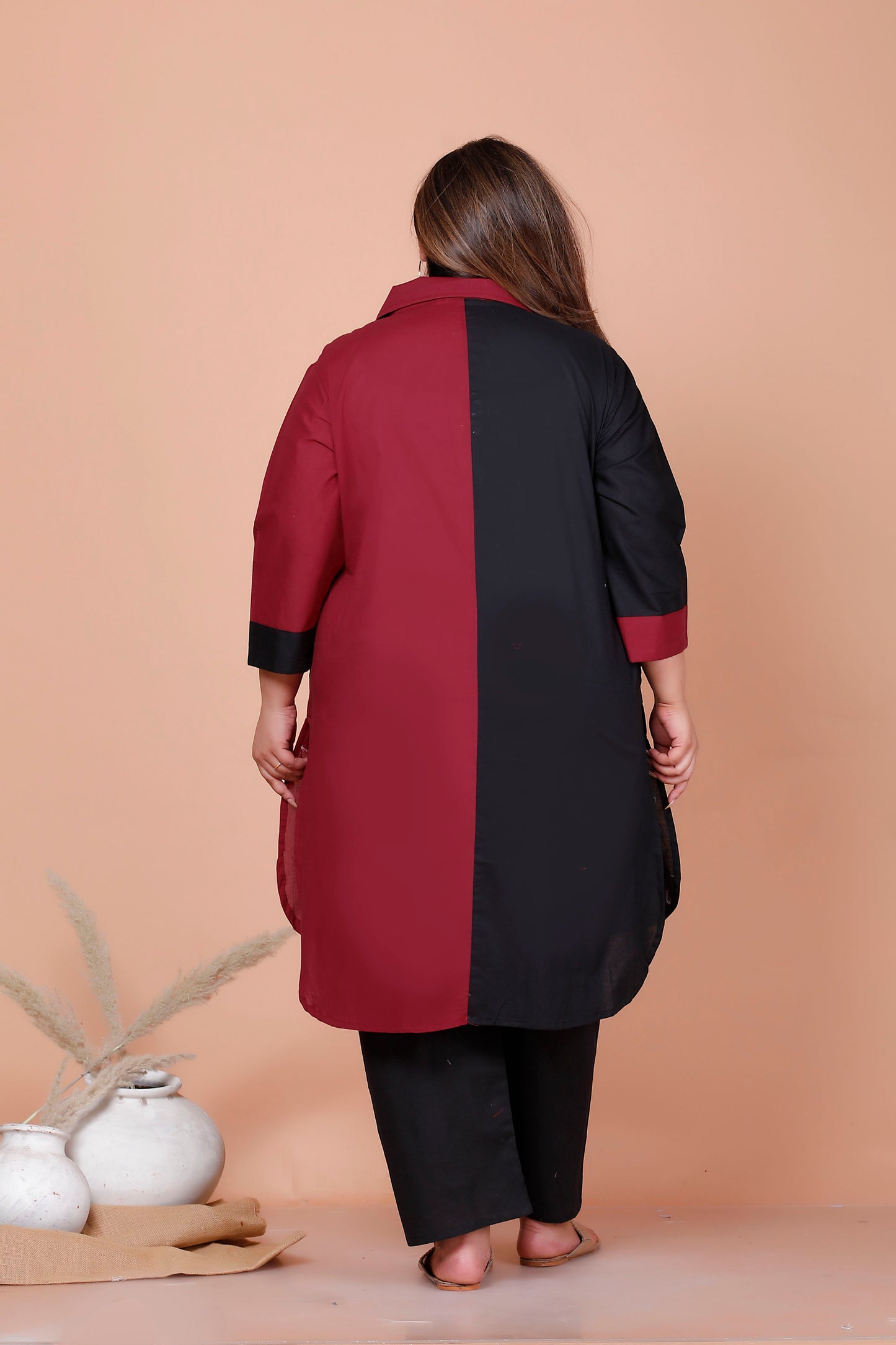 HALF HALF COTTON 2 PEICE KURTA PANT IN MAHROON/BLACK BY PLUSSIZEKURTI
