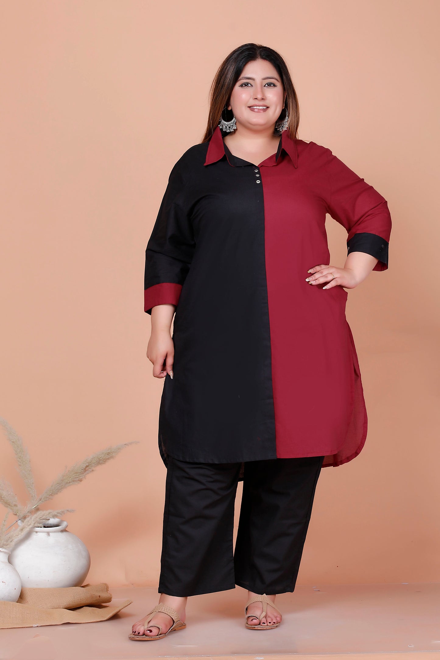 HALF HALF COTTON 2 PEICE KURTA PANT IN MAHROON/BLACK BY PLUSSIZEKURTI