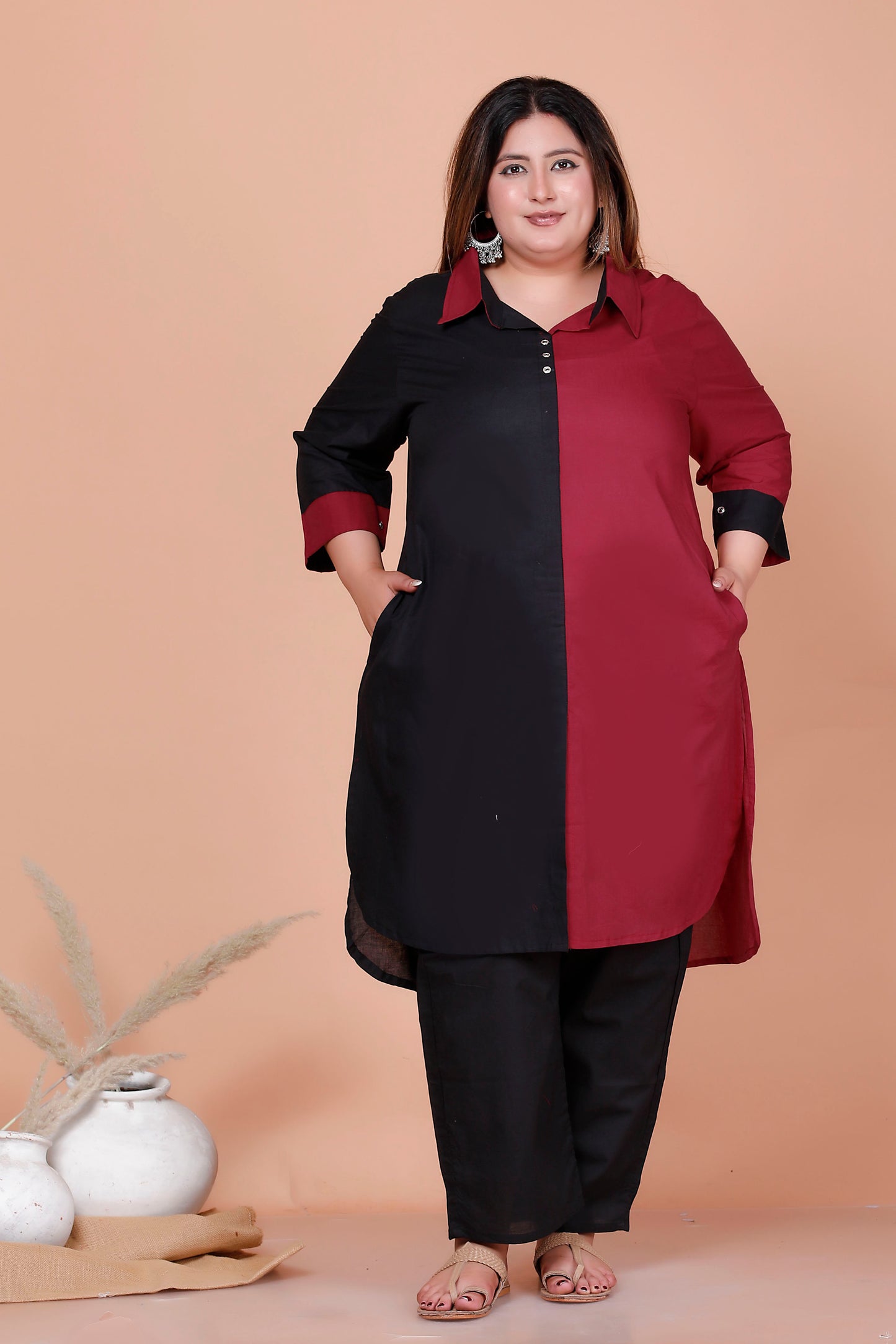 HALF HALF COTTON 2 PEICE KURTA PANT IN MAHROON/BLACK BY PLUSSIZEKURTI