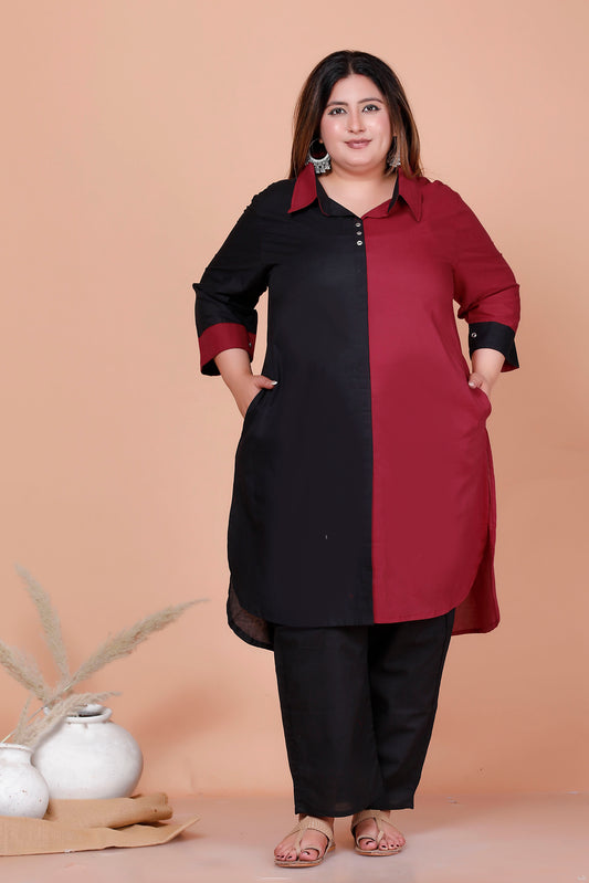 HALF HALF COTTON 2 PEICE KURTA PANT IN MAHROON/BLACK BY PLUSSIZEKURTI