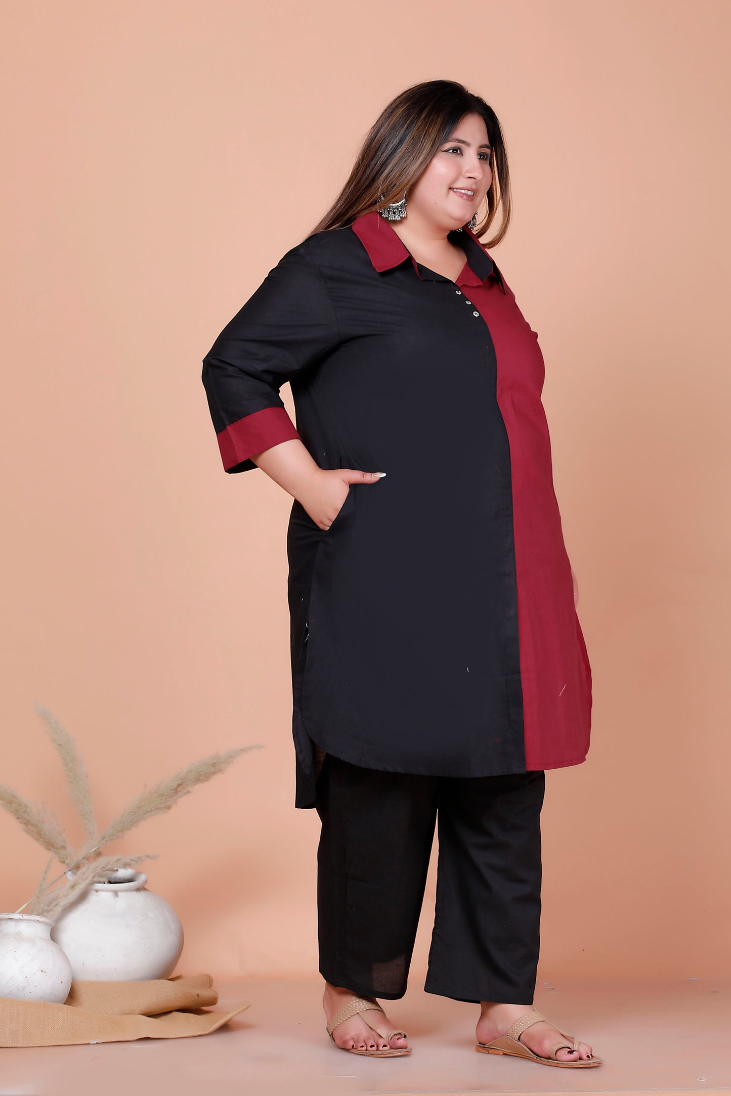 HALF HALF COTTON 2 PEICE KURTA PANT IN MAHROON/BLACK BY PLUSSIZEKURTI