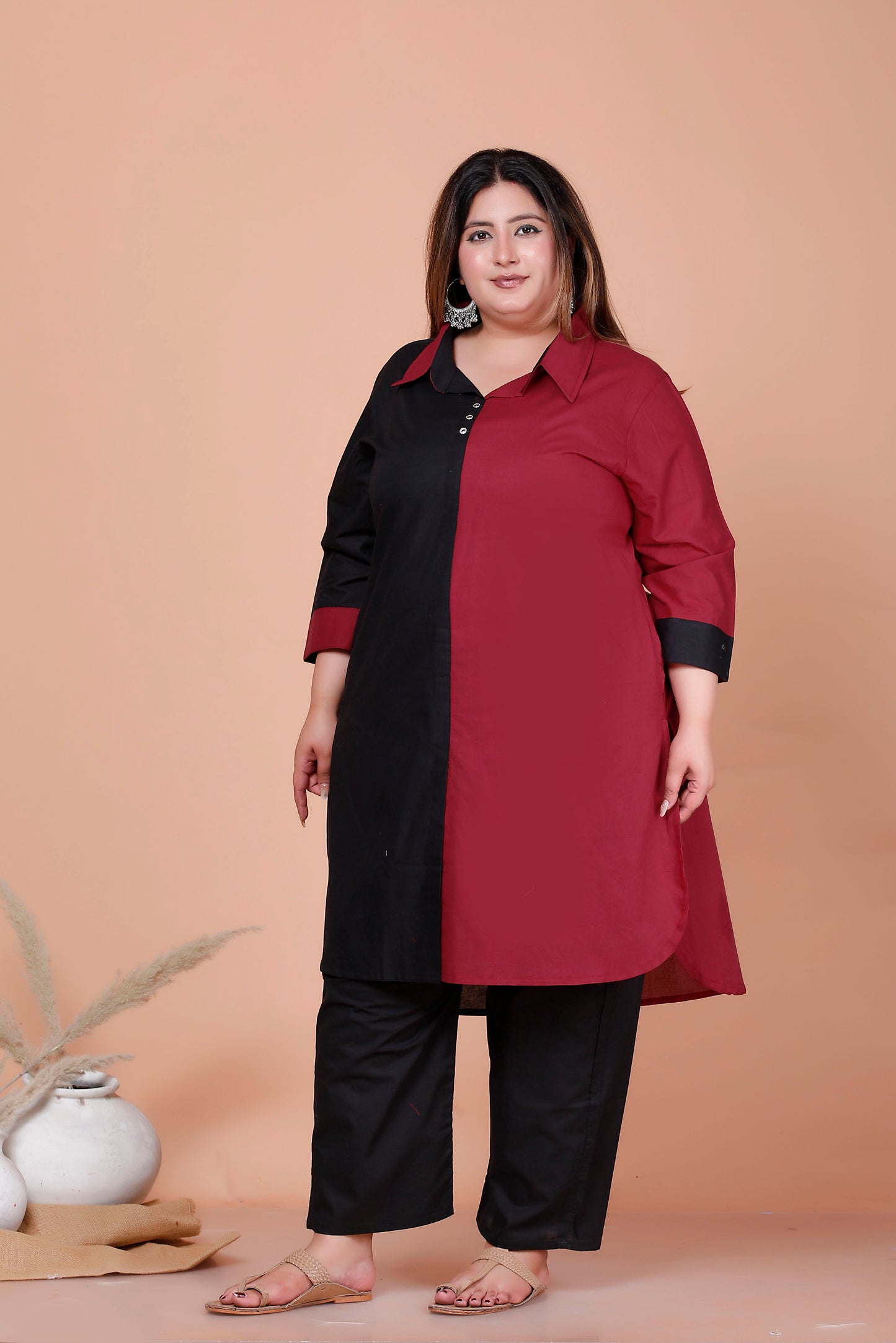 HALF HALF COTTON 2 PEICE KURTA PANT IN MAHROON/BLACK BY PLUSSIZEKURTI