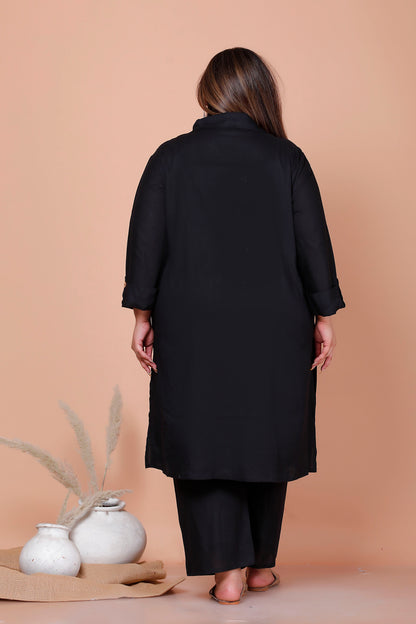 SOLID FLORAL PANEL EMBROIDERY COTTON 2 PEICE KURTA PANT IN BLACK BY PLUSSIZEKURTI