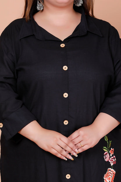 SOLID FLORAL PANEL EMBROIDERY COTTON 2 PEICE KURTA PANT IN BLACK BY PLUSSIZEKURTI