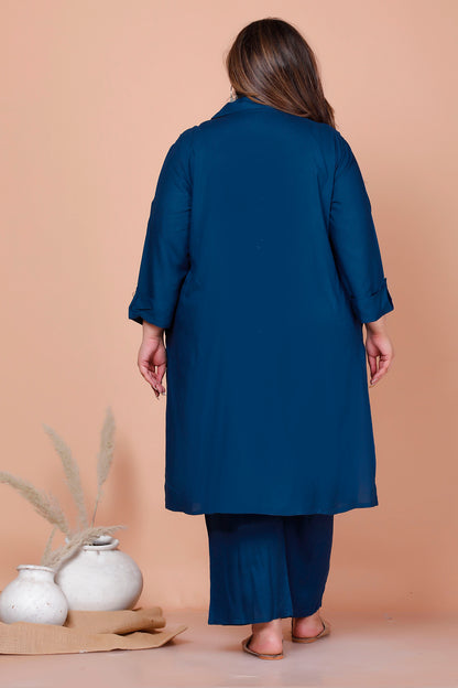 SOLID FLORAL PANEL EMBROIDERY COTTON 2 PEICE KURTA PANT IN TEALBLUE BY PLUSSIZEKURTI