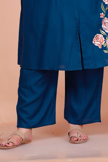 SOLID FLORAL PANEL EMBROIDERY COTTON 2 PEICE KURTA PANT IN TEALBLUE BY PLUSSIZEKURTI