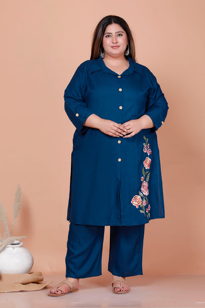 SOLID FLORAL PANEL EMBROIDERY COTTON 2 PEICE KURTA PANT IN TEALBLUE BY PLUSSIZEKURTI