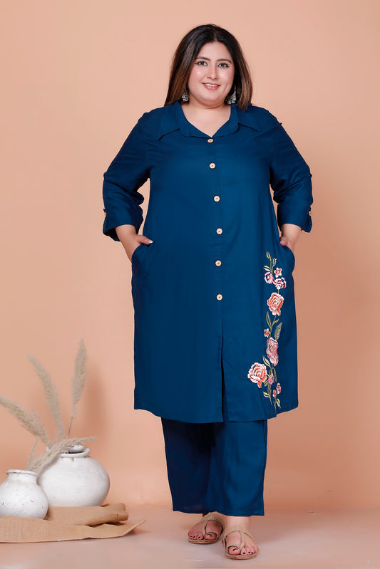 SOLID FLORAL PANEL EMBROIDERY COTTON 2 PEICE KURTA PANT IN TEALBLUE BY PLUSSIZEKURTI