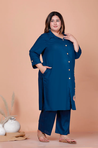 SOLID FLORAL PANEL EMBROIDERY COTTON 2 PEICE KURTA PANT IN TEALBLUE BY PLUSSIZEKURTI