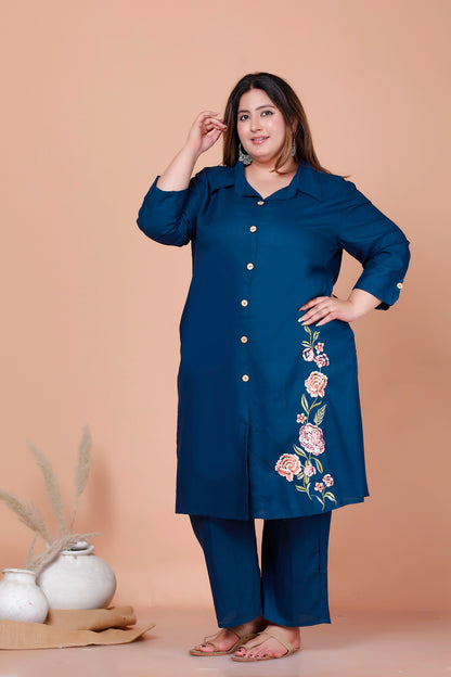 SOLID FLORAL PANEL EMBROIDERY COTTON 2 PEICE KURTA PANT IN TEALBLUE BY PLUSSIZEKURTI