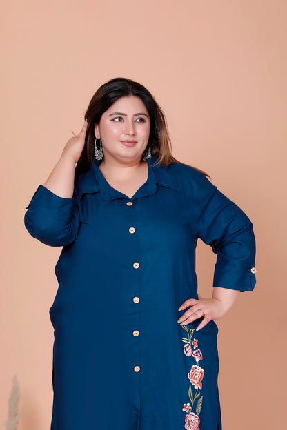 SOLID FLORAL PANEL EMBROIDERY COTTON 2 PEICE KURTA PANT IN TEALBLUE BY PLUSSIZEKURTI