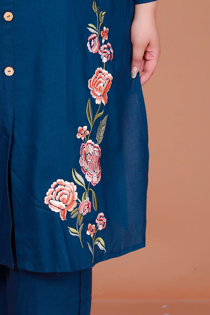 SOLID FLORAL PANEL EMBROIDERY COTTON 2 PEICE KURTA PANT IN TEALBLUE BY PLUSSIZEKURTI