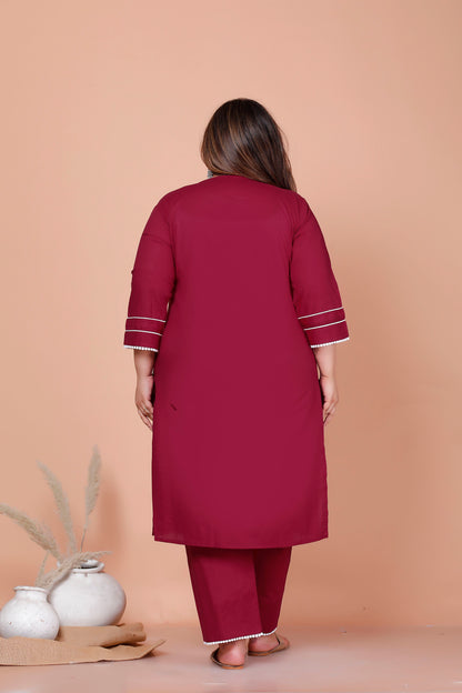 SOLID LACE DETAILING COTTON 2 PEICE KURTA PANT IN WINE MAROON BY PLUSSIZEKURTI