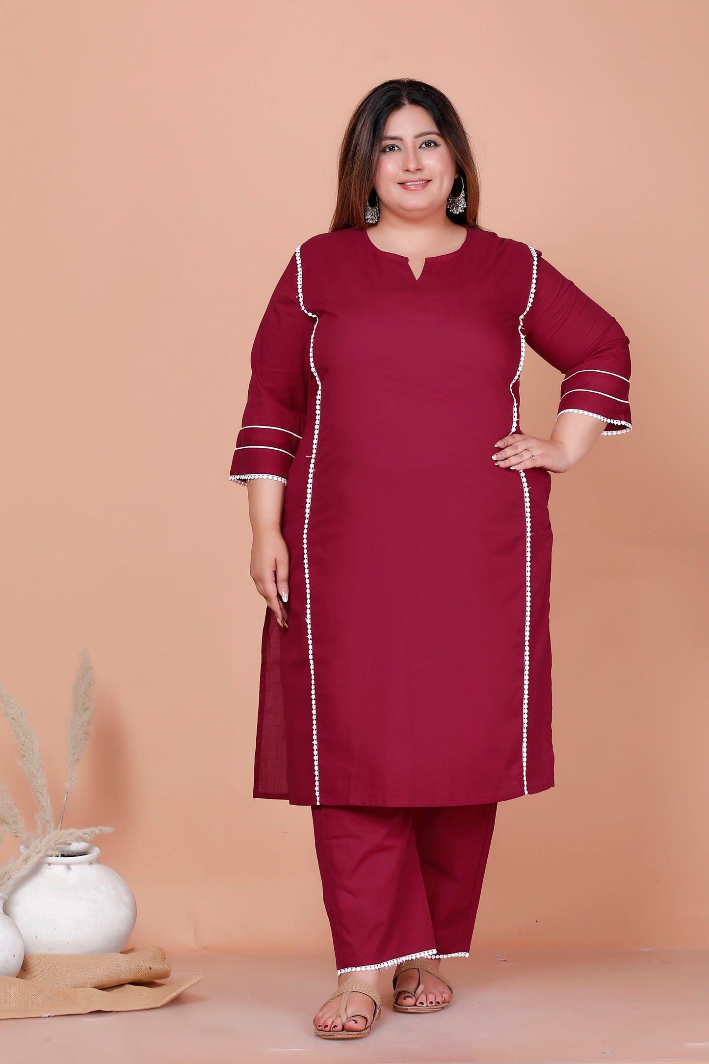 SOLID LACE DETAILING COTTON 2 PEICE KURTA PANT IN WINE MAROON BY PLUSSIZEKURTI
