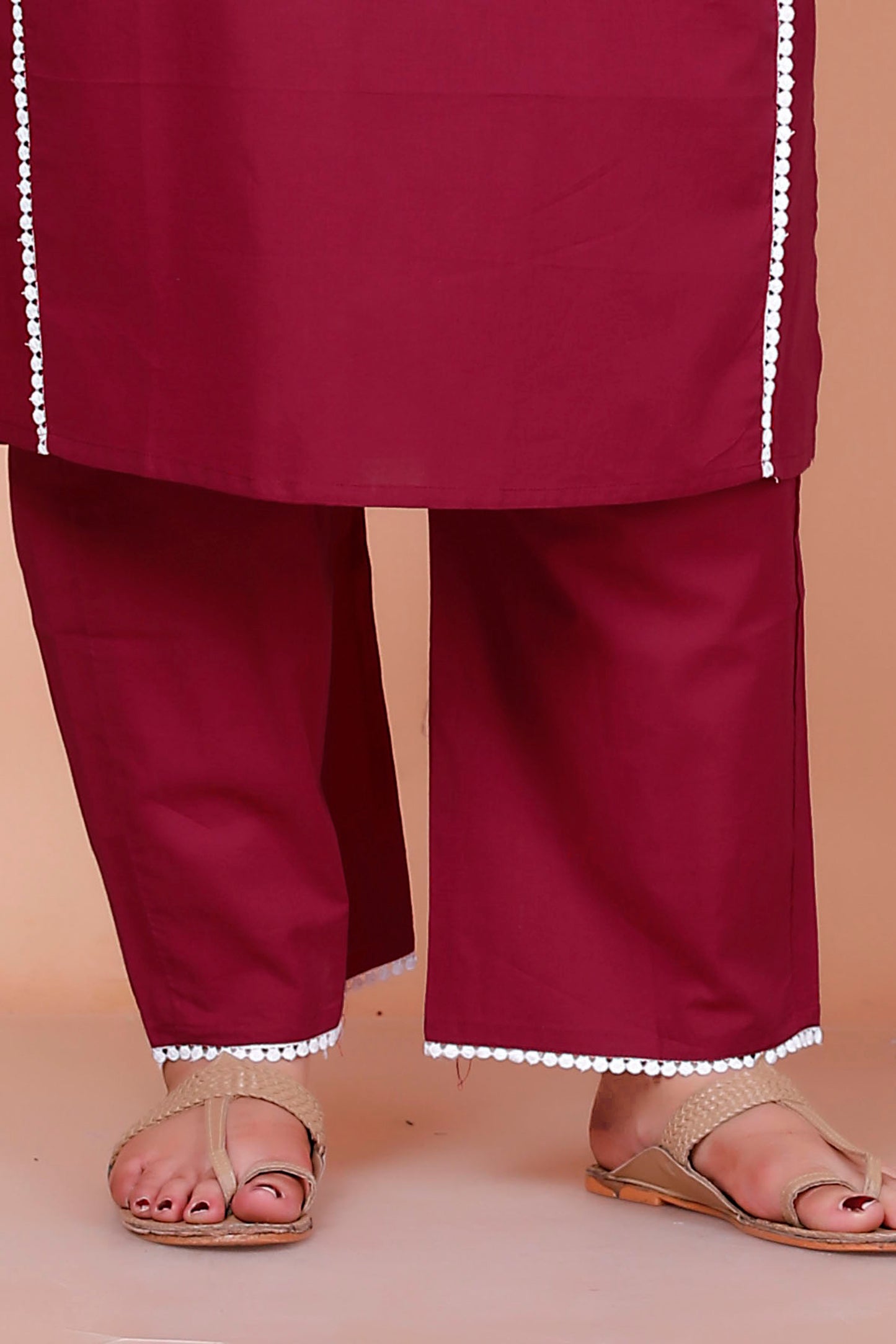 SOLID LACE DETAILING COTTON 2 PEICE KURTA PANT IN WINE MAROON BY PLUSSIZEKURTI