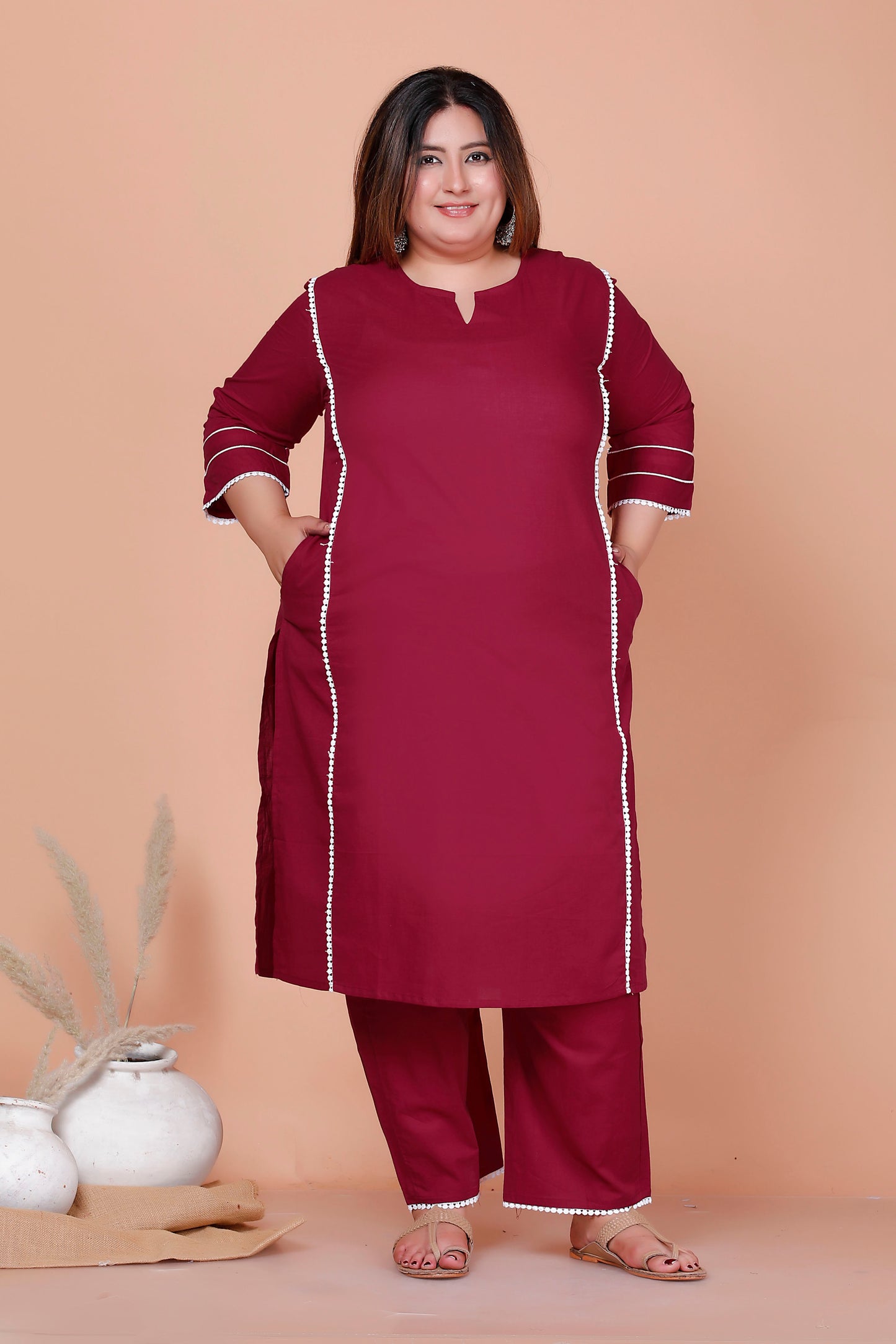 SOLID LACE DETAILING COTTON 2 PEICE KURTA PANT IN WINE MAROON BY PLUSSIZEKURTI