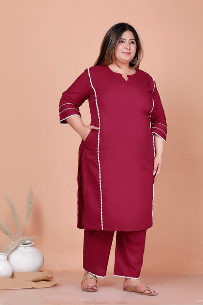SOLID LACE DETAILING COTTON 2 PEICE KURTA PANT IN WINE MAROON BY PLUSSIZEKURTI