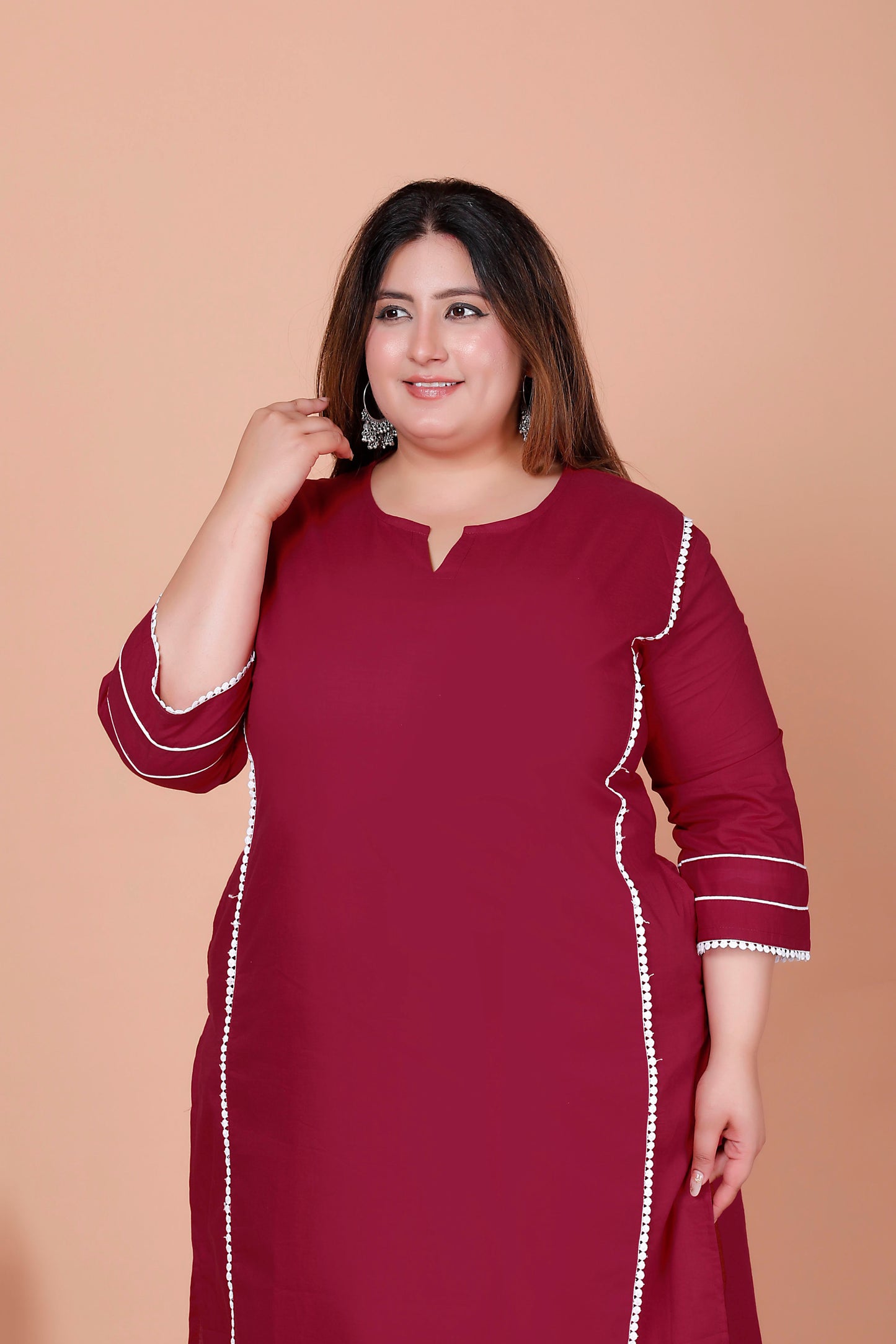 SOLID LACE DETAILING COTTON 2 PEICE KURTA PANT IN WINE MAROON BY PLUSSIZEKURTI