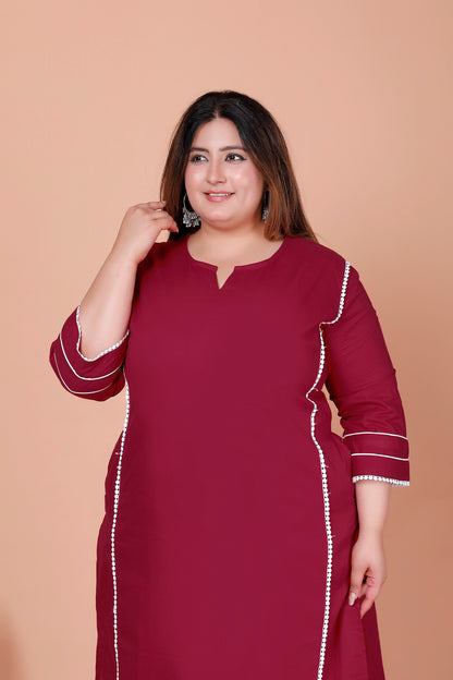 SOLID LACE DETAILING COTTON 2 PEICE KURTA PANT IN WINE MAROON BY PLUSSIZEKURTI