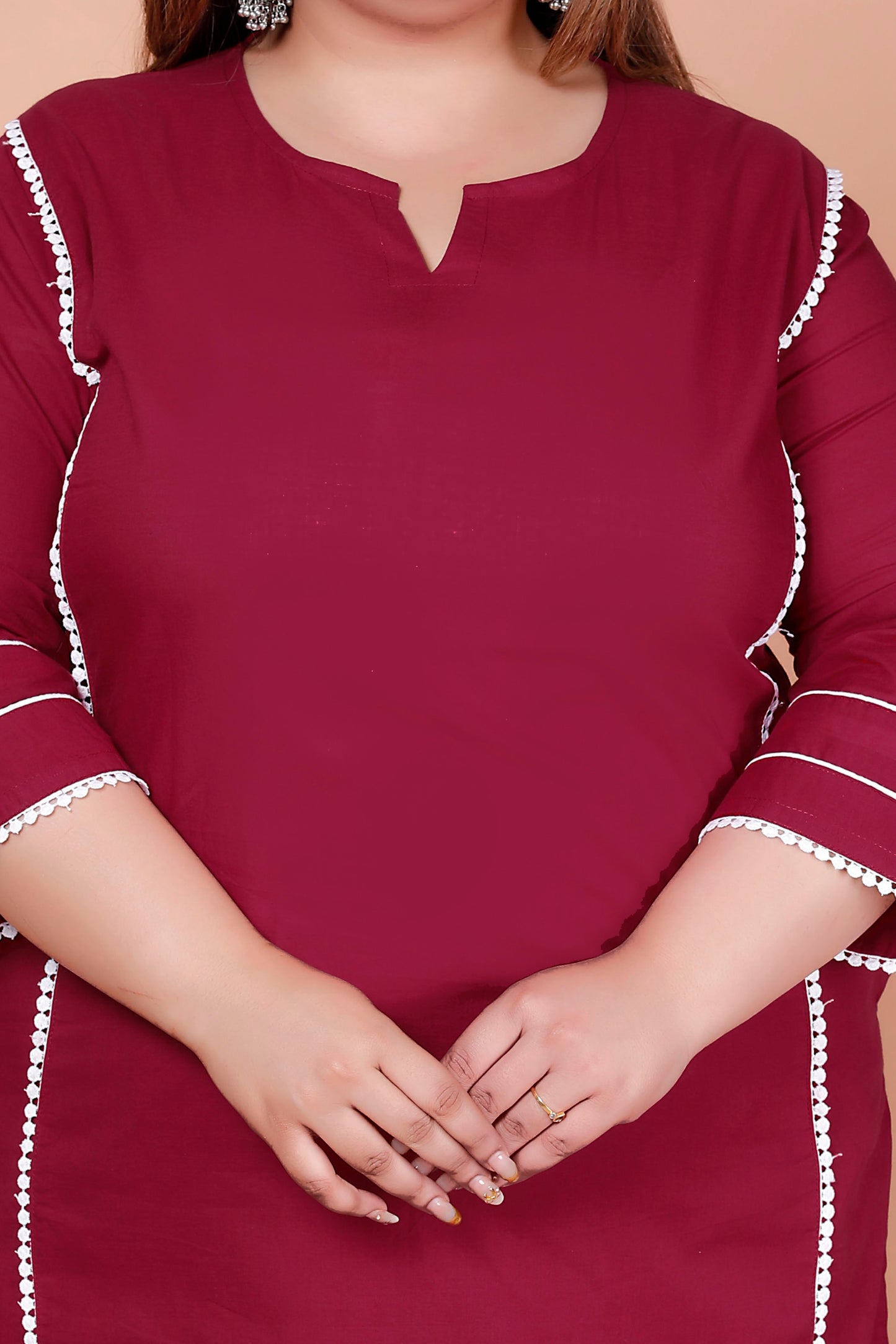 SOLID LACE DETAILING COTTON 2 PEICE KURTA PANT IN WINE MAROON BY PLUSSIZEKURTI