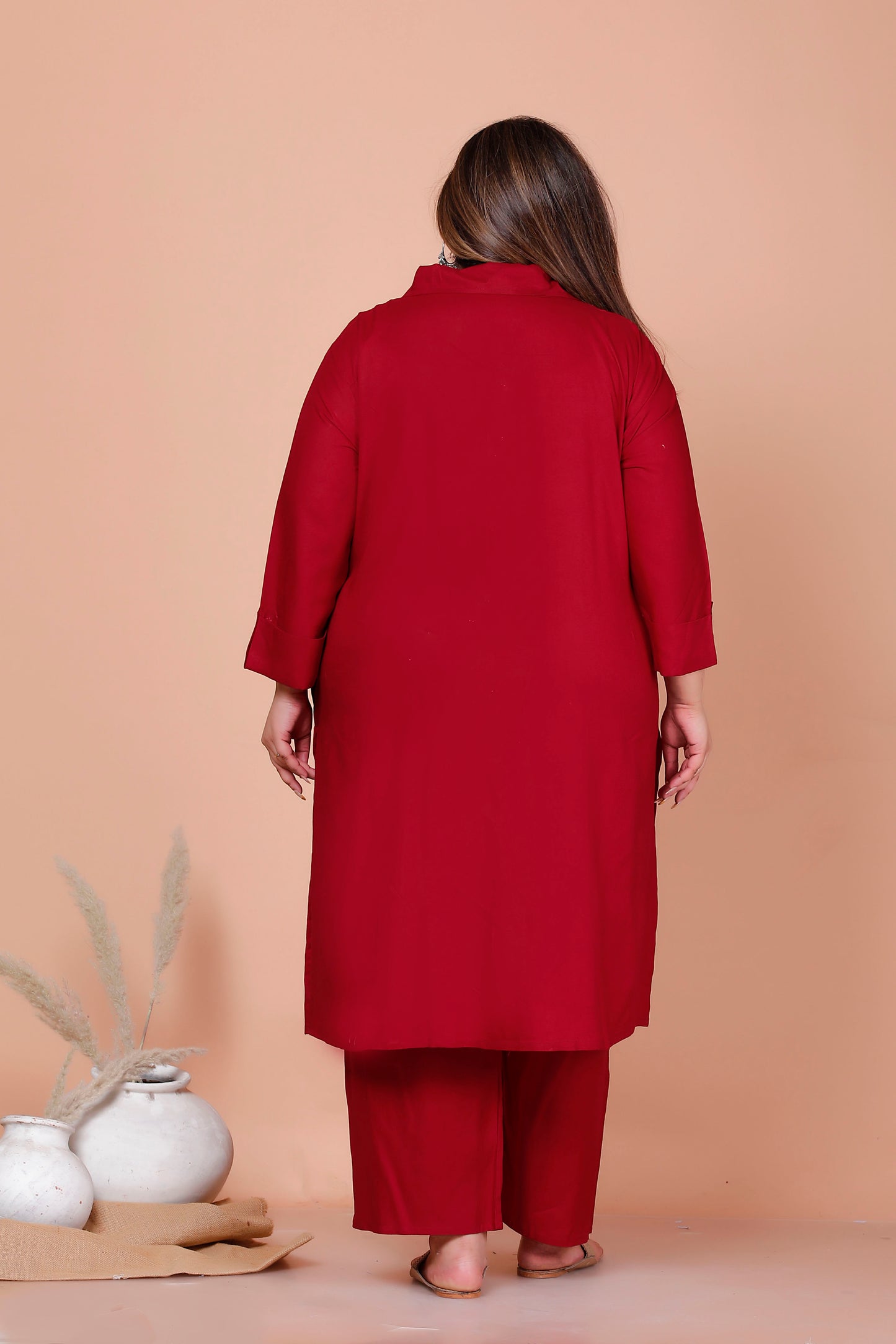 SOLID FLORAL PANEL EMBROIDERY COTTON 2 PEICE KURTA PANT IN CHERRY RED BY PLUSSIZEKURTI