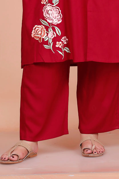 SOLID FLORAL PANEL EMBROIDERY COTTON 2 PEICE KURTA PANT IN CHERRY RED BY PLUSSIZEKURTI