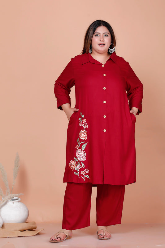 SOLID FLORAL PANEL EMBROIDERY COTTON 2 PEICE KURTA PANT IN CHERRY RED BY PLUSSIZEKURTI
