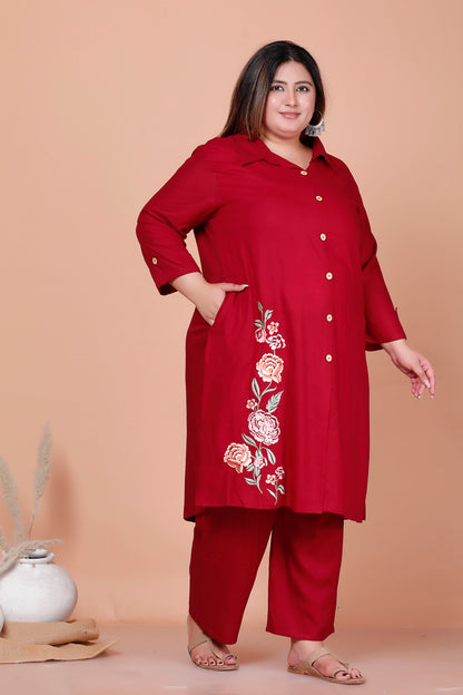 SOLID FLORAL PANEL EMBROIDERY COTTON 2 PEICE KURTA PANT IN CHERRY RED BY PLUSSIZEKURTI