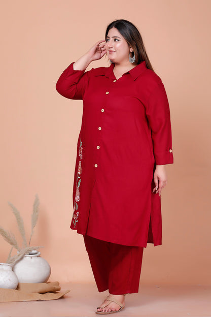 SOLID FLORAL PANEL EMBROIDERY COTTON 2 PEICE KURTA PANT IN CHERRY RED BY PLUSSIZEKURTI