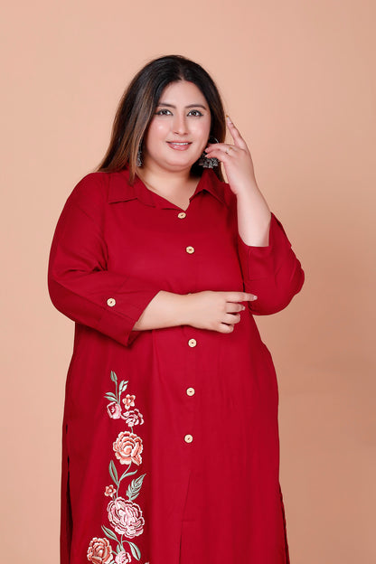 SOLID FLORAL PANEL EMBROIDERY COTTON 2 PEICE KURTA PANT IN CHERRY RED BY PLUSSIZEKURTI
