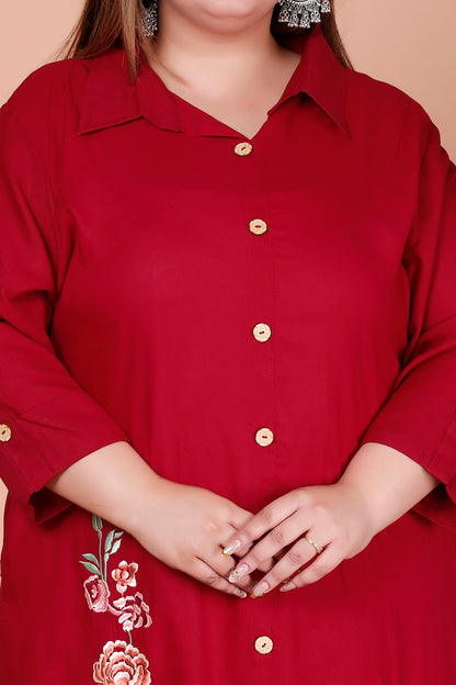 SOLID FLORAL PANEL EMBROIDERY COTTON 2 PEICE KURTA PANT IN CHERRY RED BY PLUSSIZEKURTI
