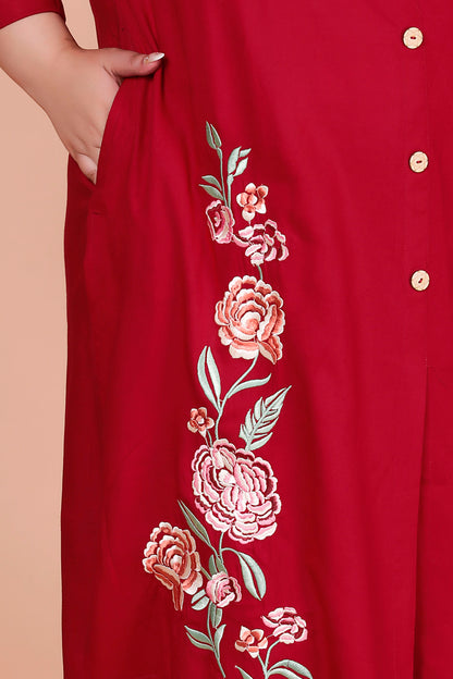 SOLID FLORAL PANEL EMBROIDERY COTTON 2 PEICE KURTA PANT IN CHERRY RED BY PLUSSIZEKURTI