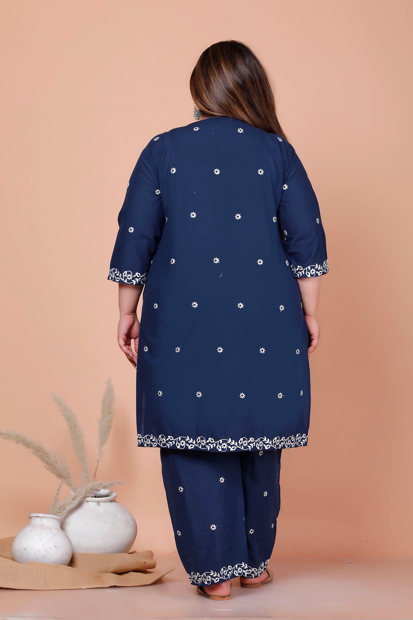 FLORAL EMBROIDERY BUTTI COTTON 2 PEICE KURTA PANT IN NAVY BLUE BY PLUSSIZEKURTI
