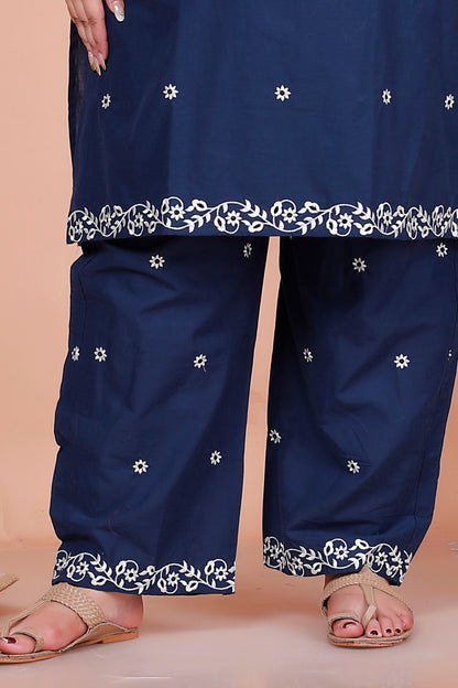 FLORAL EMBROIDERY BUTTI COTTON 2 PEICE KURTA PANT IN NAVY BLUE BY PLUSSIZEKURTI