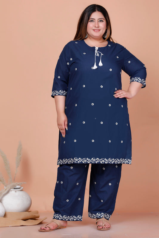 FLORAL EMBROIDERY BUTTI COTTON 2 PEICE KURTA PANT IN NAVY BLUE BY PLUSSIZEKURTI