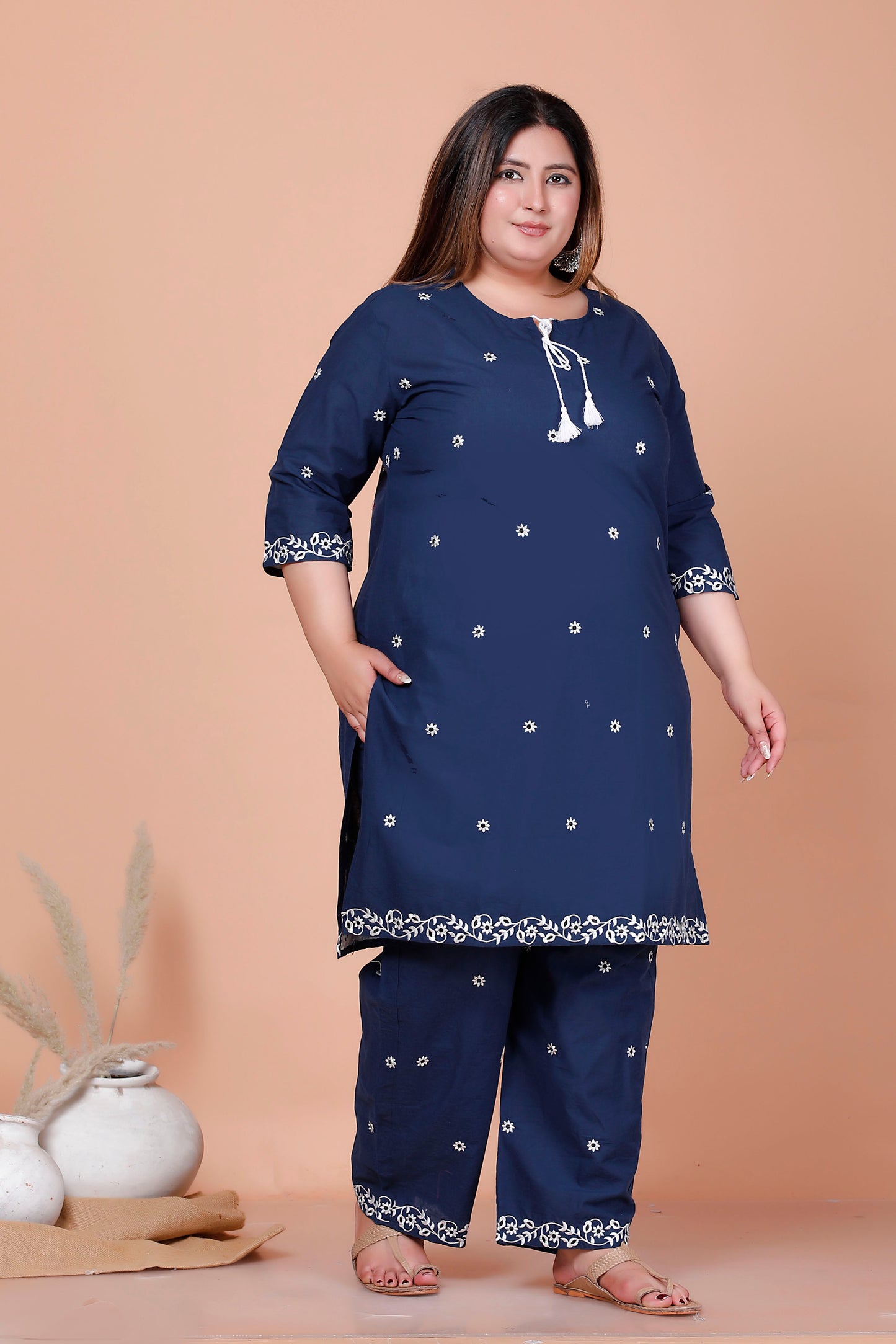 FLORAL EMBROIDERY BUTTI COTTON 2 PEICE KURTA PANT IN NAVY BLUE BY PLUSSIZEKURTI