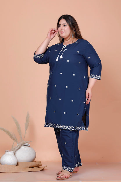 FLORAL EMBROIDERY BUTTI COTTON 2 PEICE KURTA PANT IN NAVY BLUE BY PLUSSIZEKURTI