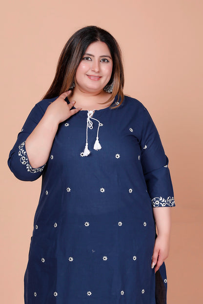 FLORAL EMBROIDERY BUTTI COTTON 2 PEICE KURTA PANT IN NAVY BLUE BY PLUSSIZEKURTI