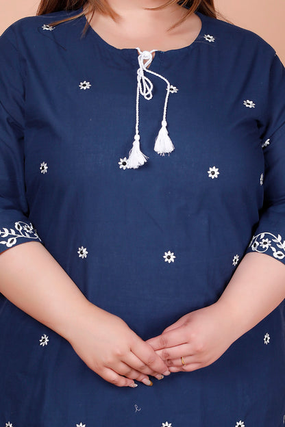 FLORAL EMBROIDERY BUTTI COTTON 2 PEICE KURTA PANT IN NAVY BLUE BY PLUSSIZEKURTI