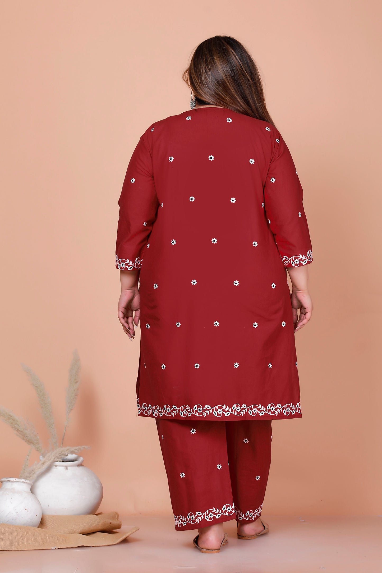 FLORAL EMBROIDERY BUTTI COTTON 2 PEICE KURTA PANT IN MAHROON BY PLUSSIZEKURTI