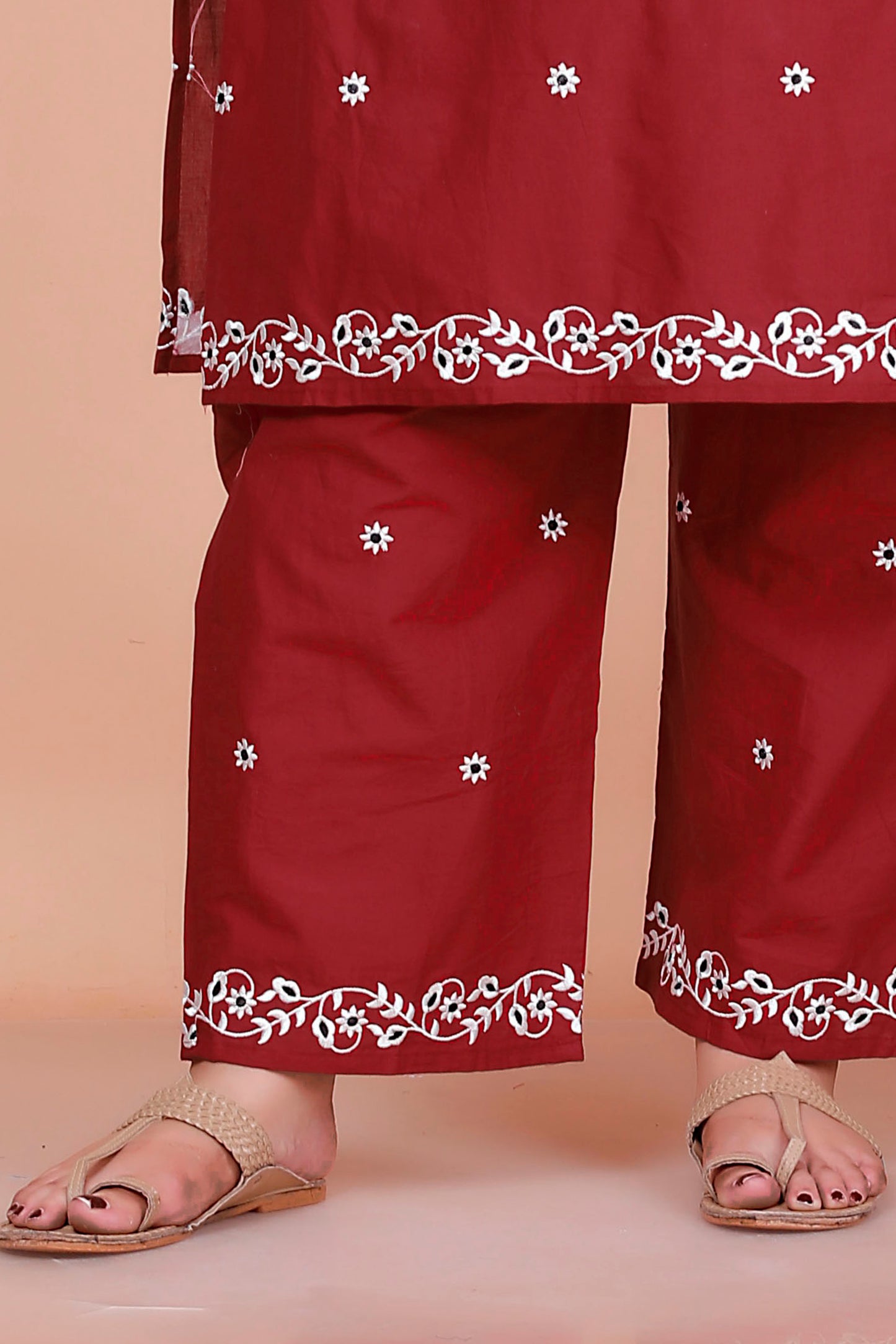 FLORAL EMBROIDERY BUTTI COTTON 2 PEICE KURTA PANT IN MAHROON BY PLUSSIZEKURTI