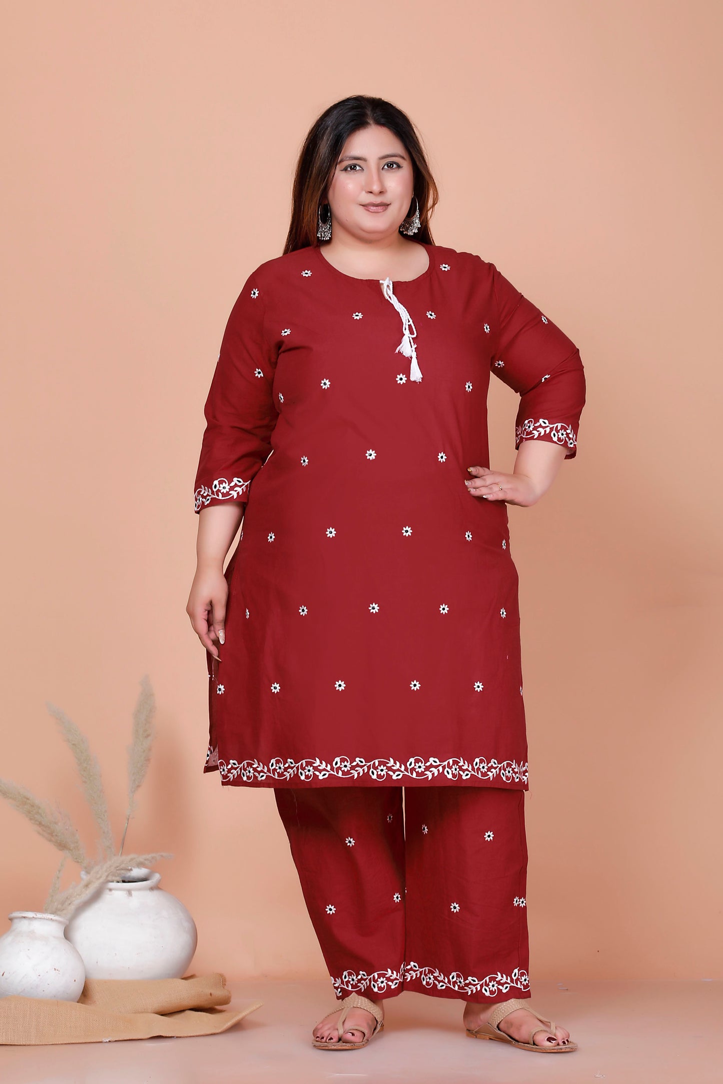 FLORAL EMBROIDERY BUTTI COTTON 2 PEICE KURTA PANT IN MAHROON BY PLUSSIZEKURTI