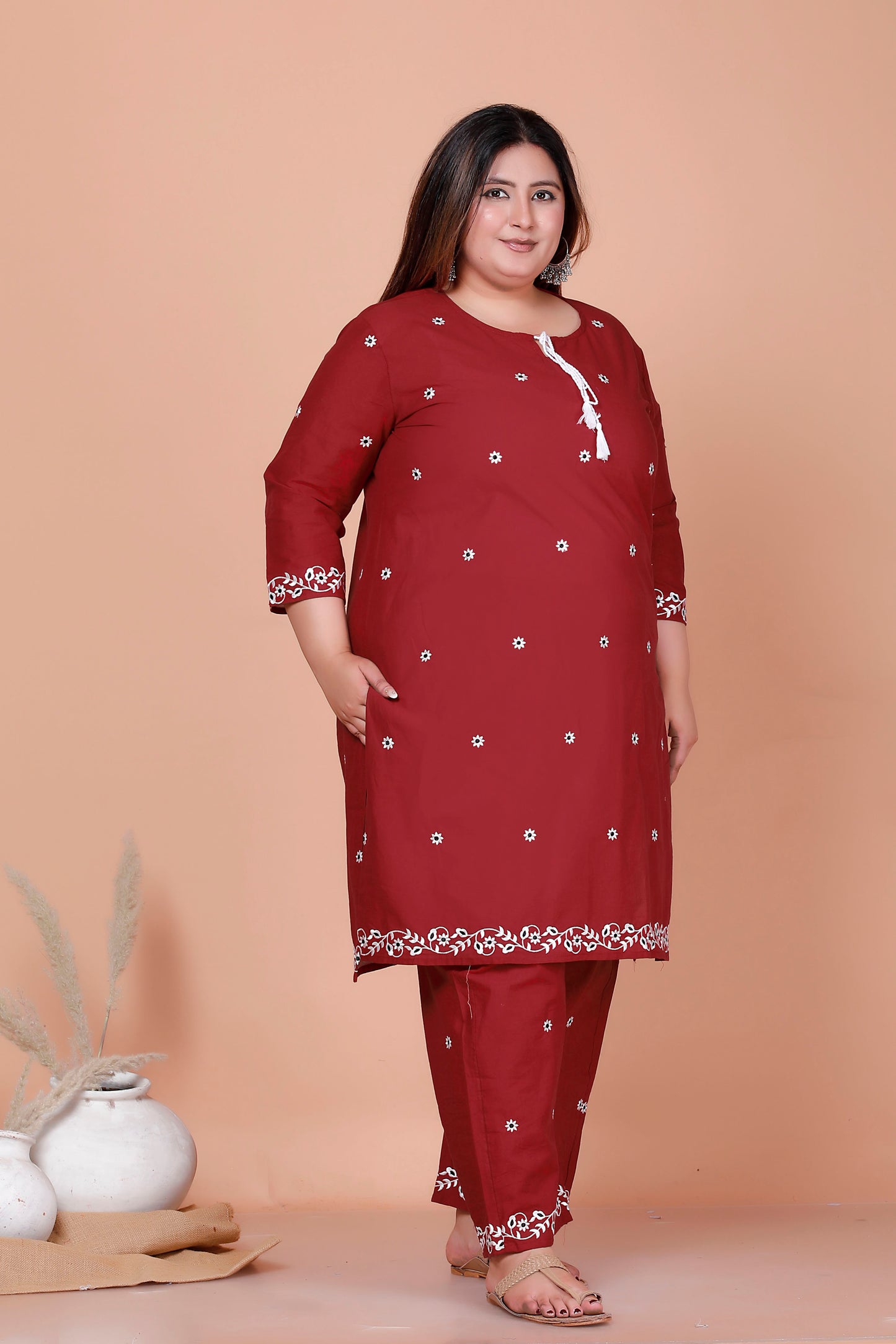 FLORAL EMBROIDERY BUTTI COTTON 2 PEICE KURTA PANT IN MAHROON BY PLUSSIZEKURTI