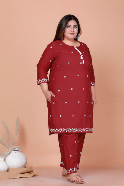 FLORAL EMBROIDERY BUTTI COTTON 2 PEICE KURTA PANT IN MAHROON BY PLUSSIZEKURTI