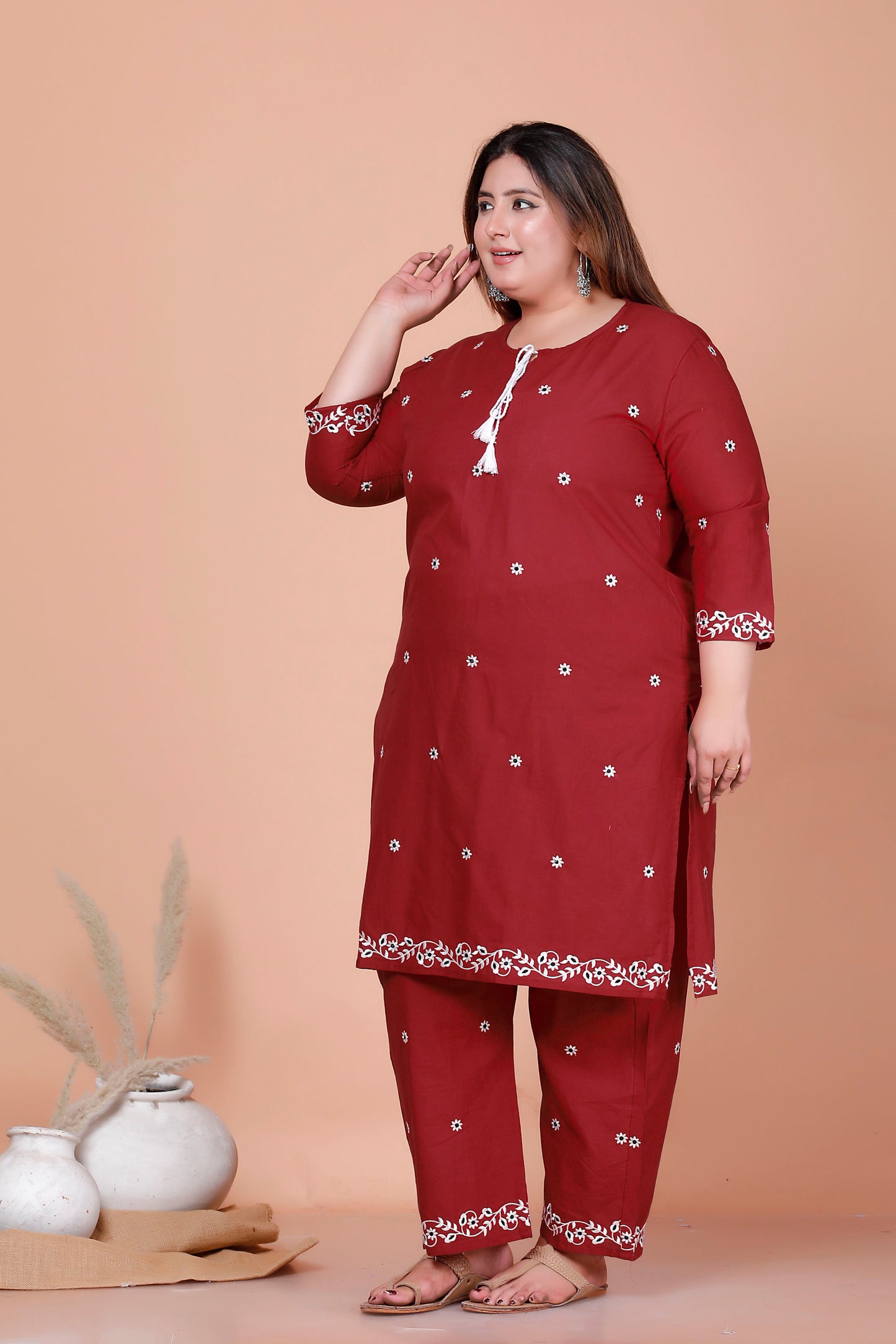 FLORAL EMBROIDERY BUTTI COTTON 2 PEICE KURTA PANT IN MAHROON BY PLUSSIZEKURTI