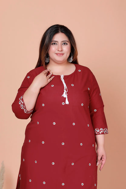 FLORAL EMBROIDERY BUTTI COTTON 2 PEICE KURTA PANT IN MAHROON BY PLUSSIZEKURTI