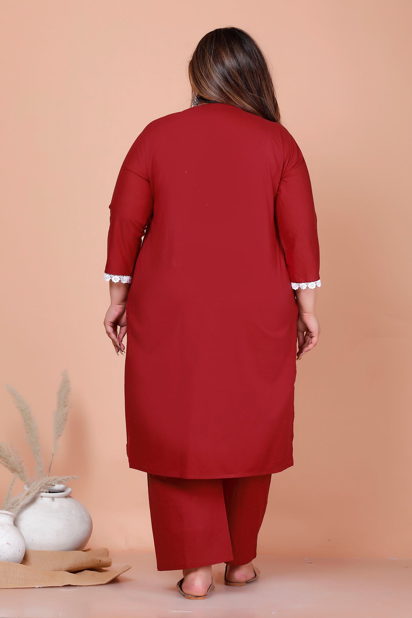 CHIKANKARI FLORAL EMBROIDERY BUTTI COTTON 2 PEICE KURTA PANT IN MAHROON BY PLUSSIZEKURTI