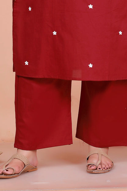CHIKANKARI FLORAL EMBROIDERY BUTTI COTTON 2 PEICE KURTA PANT IN MAHROON BY PLUSSIZEKURTI